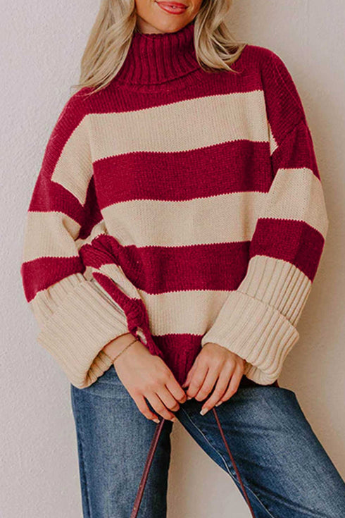 Striped Ribbed Trim High Neck Relaxed Pullover Sweater