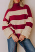 Striped Ribbed Trim High Neck Relaxed Pullover Sweater