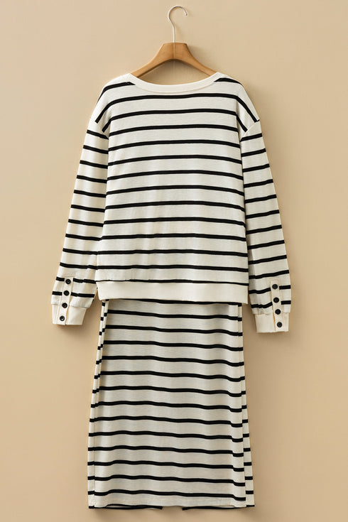 Striped Ribbed Trim Long Sleeve Midi Two Piece Dress