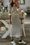 Striped Ribbed Trim Long Sleeve Midi Two Piece Dress