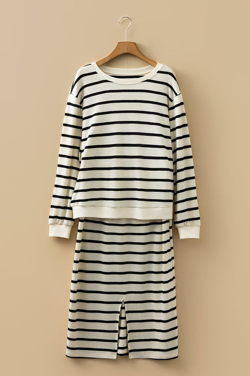 Striped Ribbed Trim Long Sleeve Midi Two Piece Dress