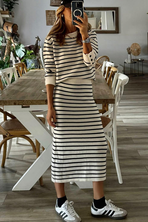 Striped Ribbed Trim Long Sleeve Midi Two Piece Dress
