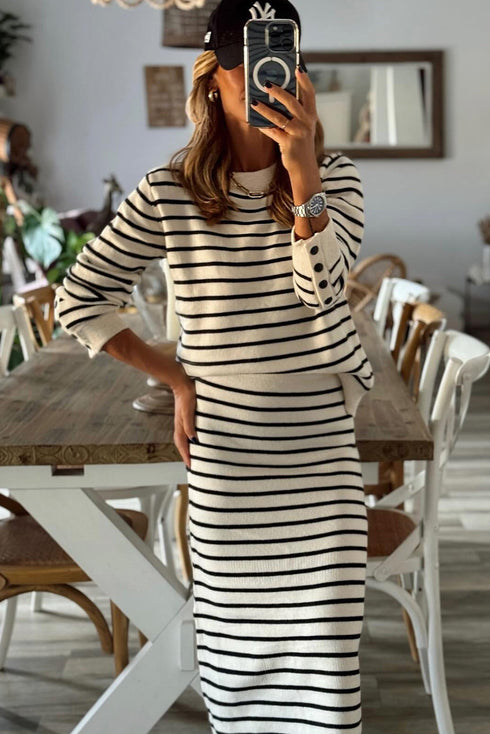 Striped Ribbed Trim Long Sleeve Midi Two Piece Dress