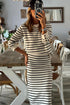 Striped Ribbed Trim Long Sleeve Midi Two Piece Dress