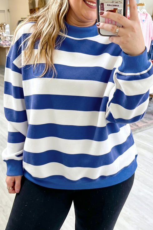 Striped Ribbed Trim Stand Neck Dropped Shoulder Sweatshirt