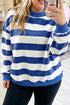 Striped Ribbed Trim Stand Neck Dropped Shoulder Sweatshirt