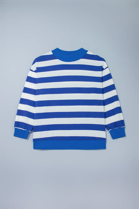 Striped Ribbed Trim Stand Neck Dropped Shoulder Sweatshirt
