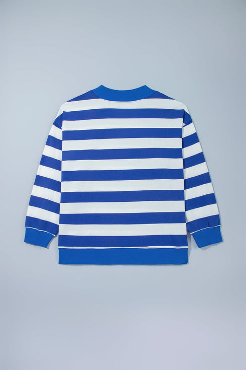 Striped Ribbed Trim Stand Neck Dropped Shoulder Sweatshirt