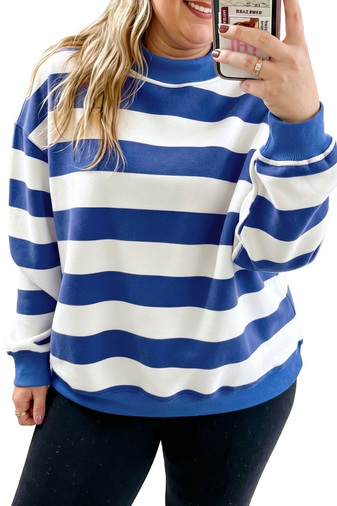 Striped Ribbed Trim Stand Neck Dropped Shoulder Sweatshirt