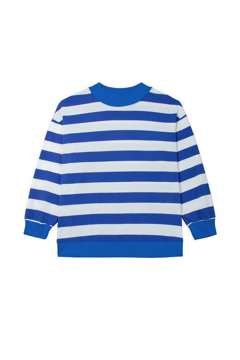 Striped Ribbed Trim Stand Neck Dropped Shoulder Sweatshirt