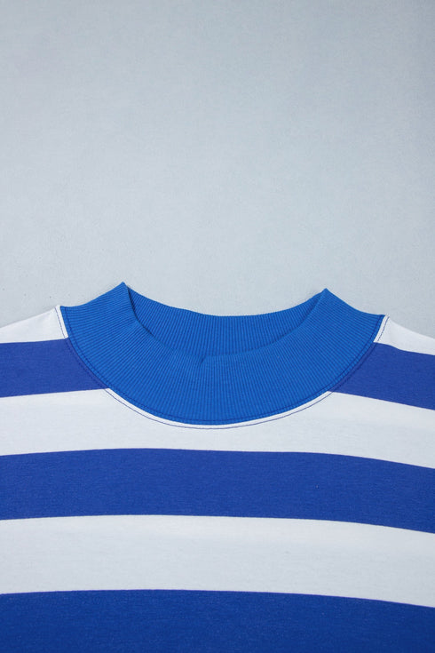 Striped Ribbed Trim Stand Neck Dropped Shoulder Sweatshirt