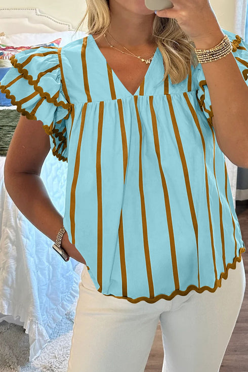 Striped Ricrac Trim Ruffle Sleeve V Neck Blouse