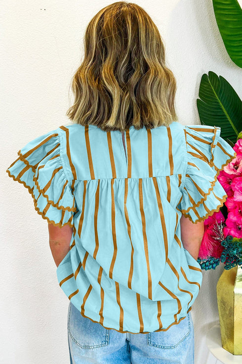 Striped Ricrac Trim Ruffle Sleeve V Neck Blouse