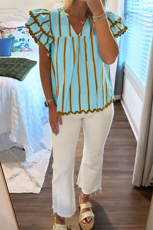 Striped Ricrac Trim Ruffle Sleeve V Neck Blouse