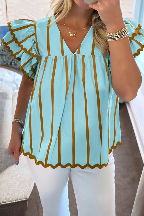Striped Ricrac Trim Ruffle Sleeve V Neck Blouse