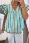 Striped Ricrac Trim Ruffle Sleeve V Neck Blouse