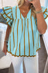 Striped Ricrac Trim Ruffle Sleeve V Neck Blouse