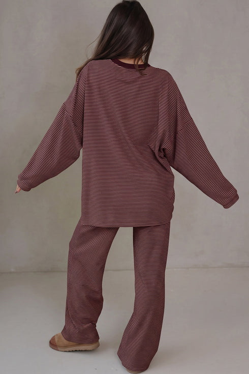 Striped Round Neck Oversized Long Sleeve Top Pant Set