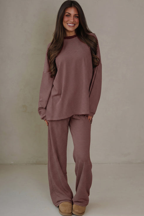 Striped Round Neck Oversized Long Sleeve Top Pant Set