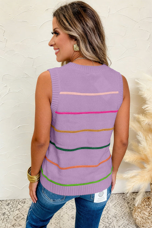 Striped Round Neck Sleeveless Knit Sweater Vest