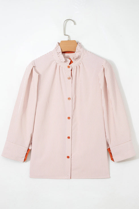 Striped Ruffle Collar Puff Sleeve Button Down Shirt