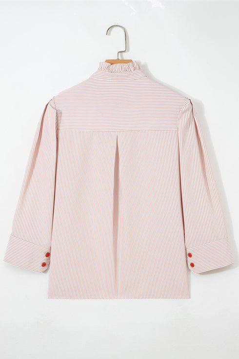 Striped Ruffle Collar Puff Sleeve Button Down Shirt