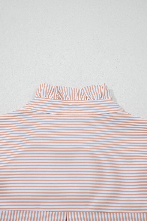 Striped Ruffle Collar Puff Sleeve Button Down Shirt