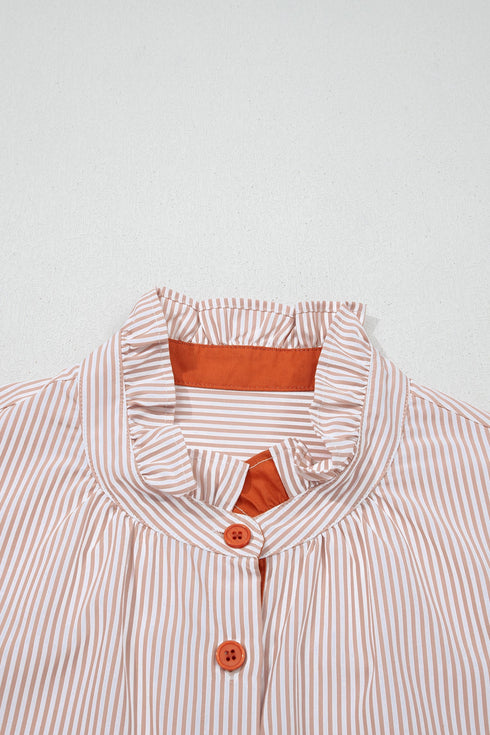 Striped Ruffle Collar Puff Sleeve Button Down Shirt