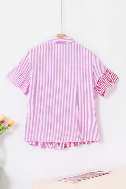 Striped Ruffle Sleeve Button Down Babydoll Shirt