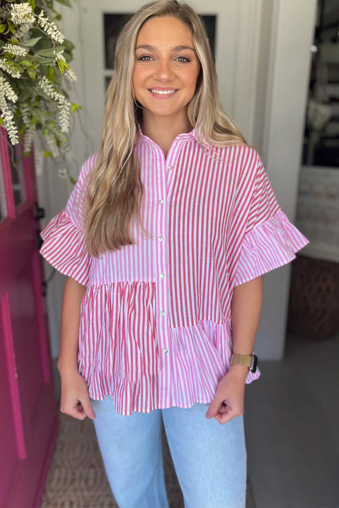 Striped Ruffle Sleeve Button Down Babydoll Shirt