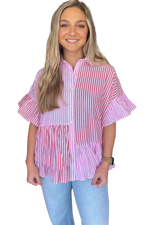 Striped Ruffle Sleeve Button Down Babydoll Shirt