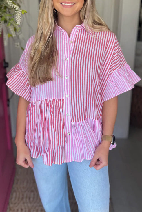 Striped Ruffle Sleeve Button Down Babydoll Shirt