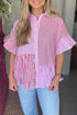 Striped Ruffle Sleeve Button Down Babydoll Shirt