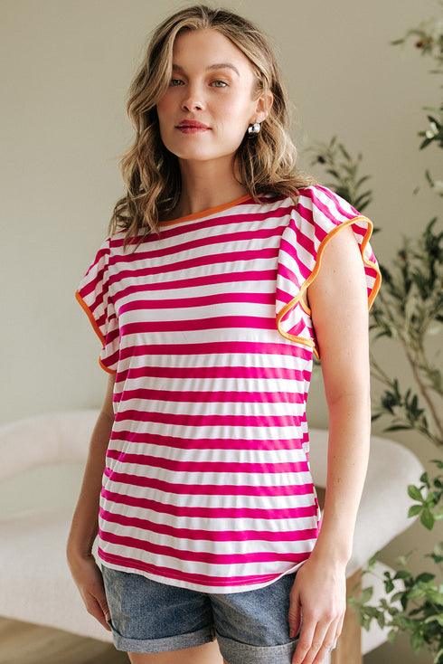Striped Ruffle Sleeve Crew Neck Casual Blouse