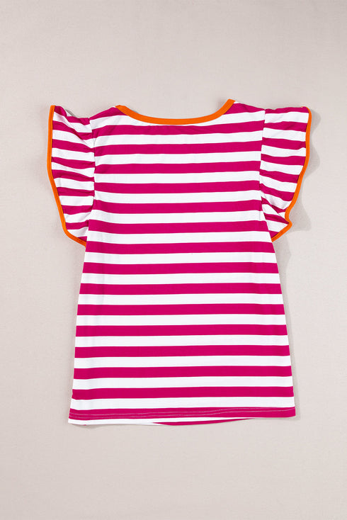 Striped Ruffle Sleeve Crew Neck Casual Blouse