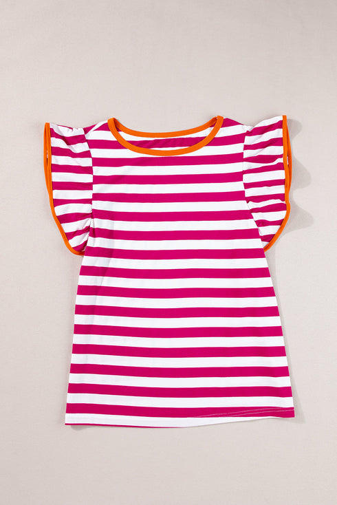 Striped Ruffle Sleeve Crew Neck Casual Blouse