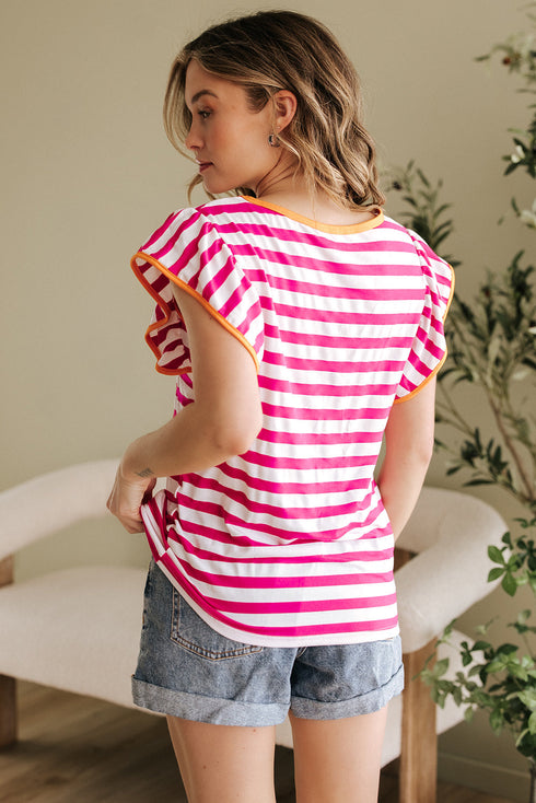 Striped Ruffle Sleeve Crew Neck Casual Blouse