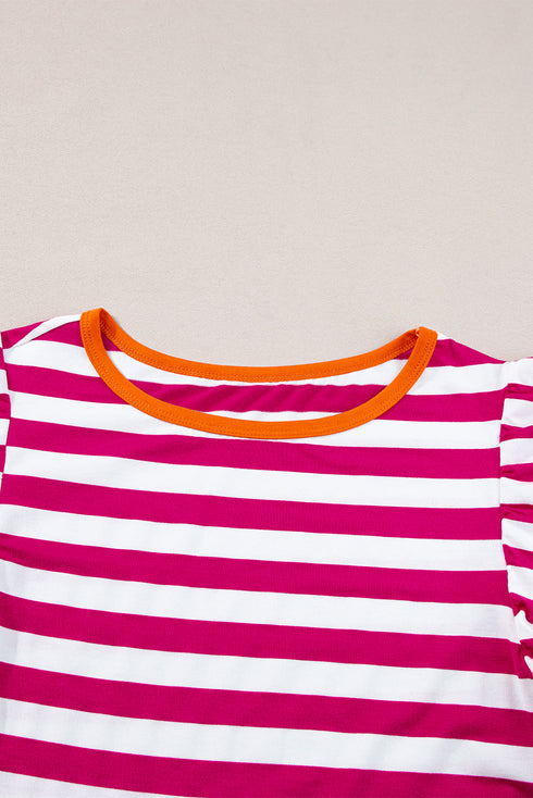 Striped Ruffle Sleeve Crew Neck Casual Blouse