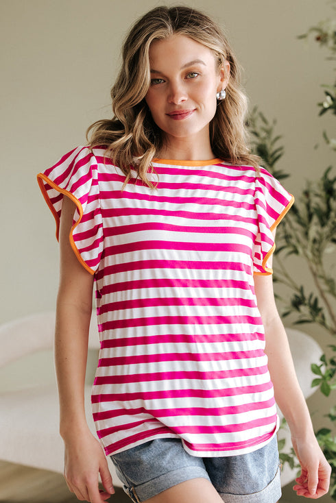 Striped Ruffle Sleeve Crew Neck Casual Blouse