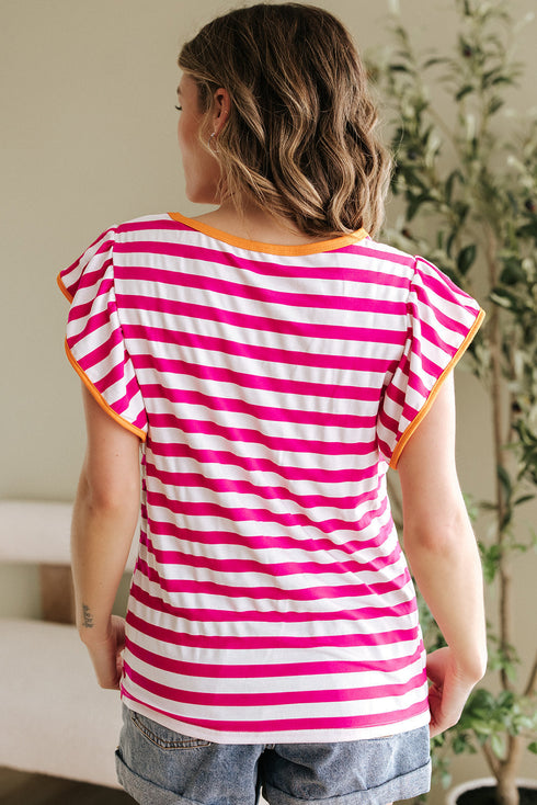 Striped Ruffle Sleeve Crew Neck Casual Blouse