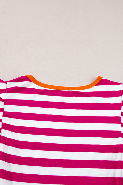 Striped Ruffle Sleeve Crew Neck Casual Blouse