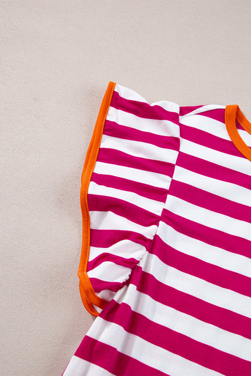 Striped Ruffle Sleeve Crew Neck Casual Blouse