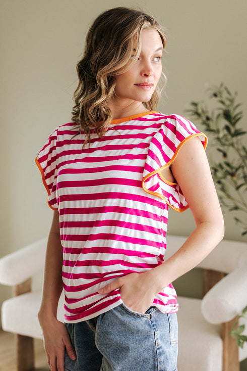 Striped Ruffle Sleeve Crew Neck Casual Blouse