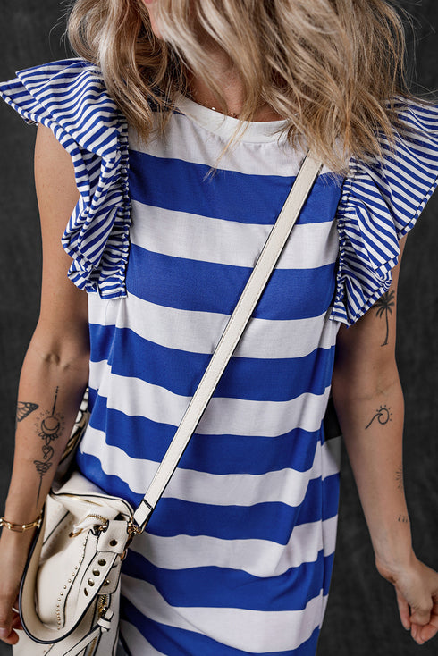 Striped Ruffle Sleeve Relaxed Fit Knit Shift Dress