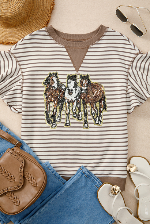 Striped Ruffle Sleeve Sequin Horse Patch Graphic Top