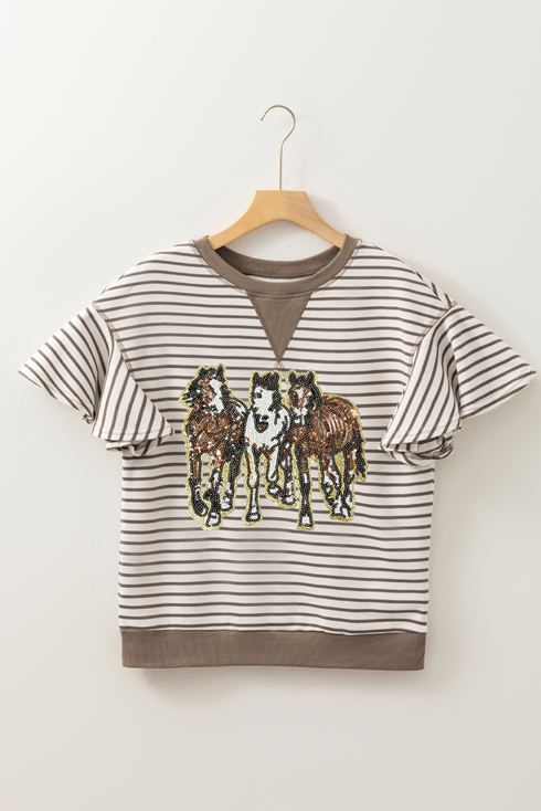 Striped Ruffle Sleeve Sequin Horse Patch Graphic Top