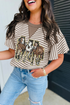 Striped Ruffle Sleeve Sequin Horse Patch Graphic Top