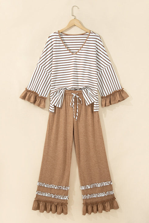 Striped Ruffle Sleeve V Neck Drawstring Pant Set