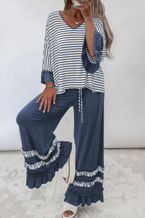 Striped Ruffle Sleeve V Neck Drawstring Pant Set