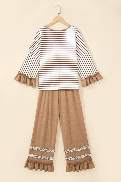 Striped Ruffle Sleeve V Neck Drawstring Pant Set